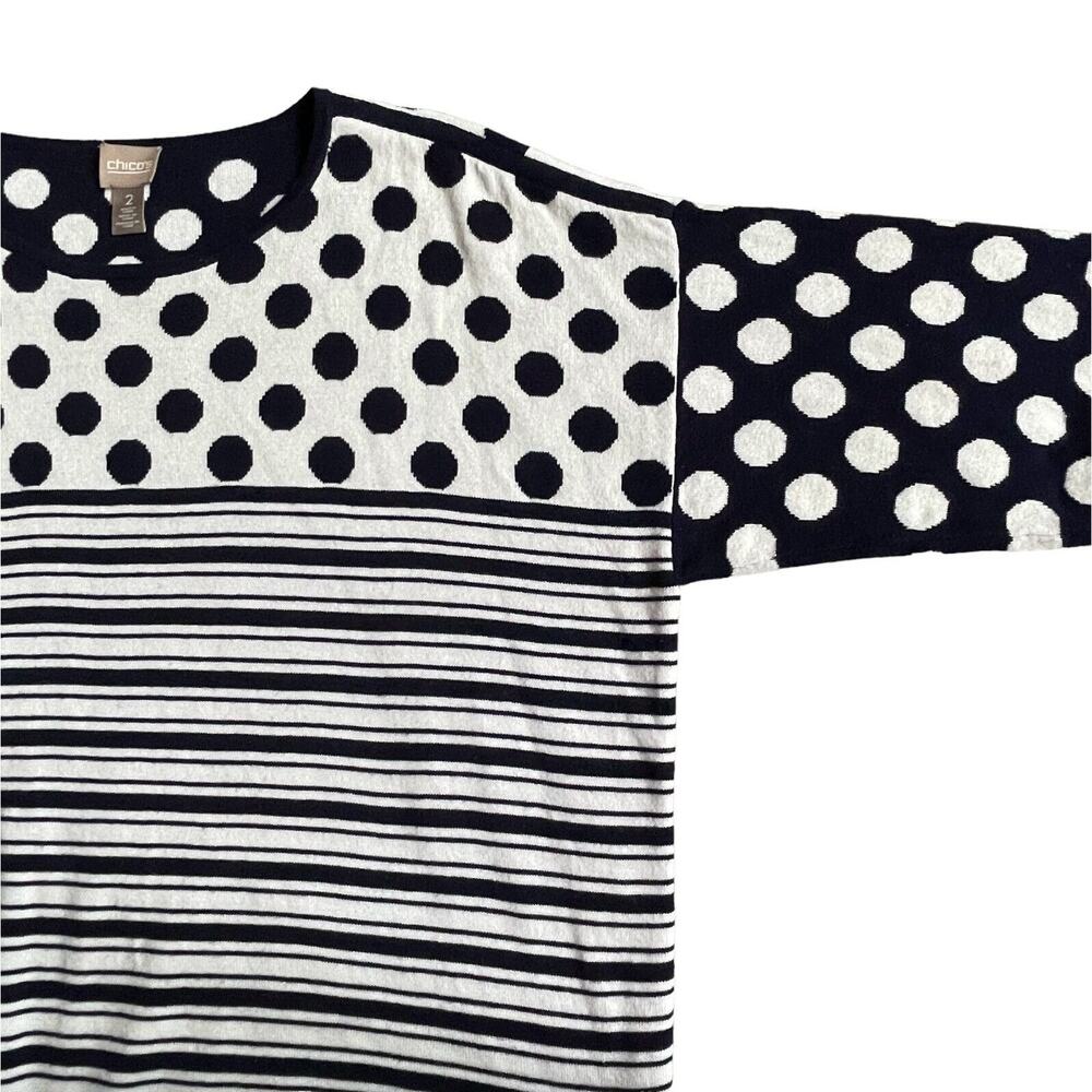 Chico's Pullover Sweater Women Size L (2) Blue White Polka Dot Striped - Picture 6 of 8